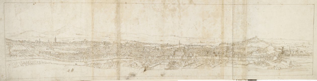Panoramaudsigt over Rom fra Monte Mario, Castel S. Angelo i forgrunden (pen og brunt blæk og brun vask over sort kridt) af Anthonis van den Wyngaerde