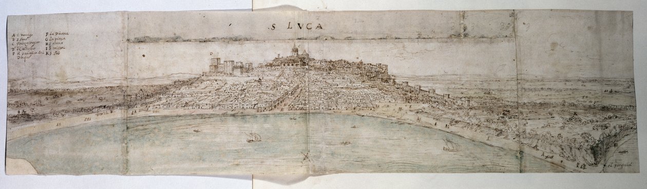 Panoramaudsigt over San Lucar de Barrameda og det tilstødende landskab fra sydvest (pen og blæk og wc på papir) af Anthonis van den Wyngaerde