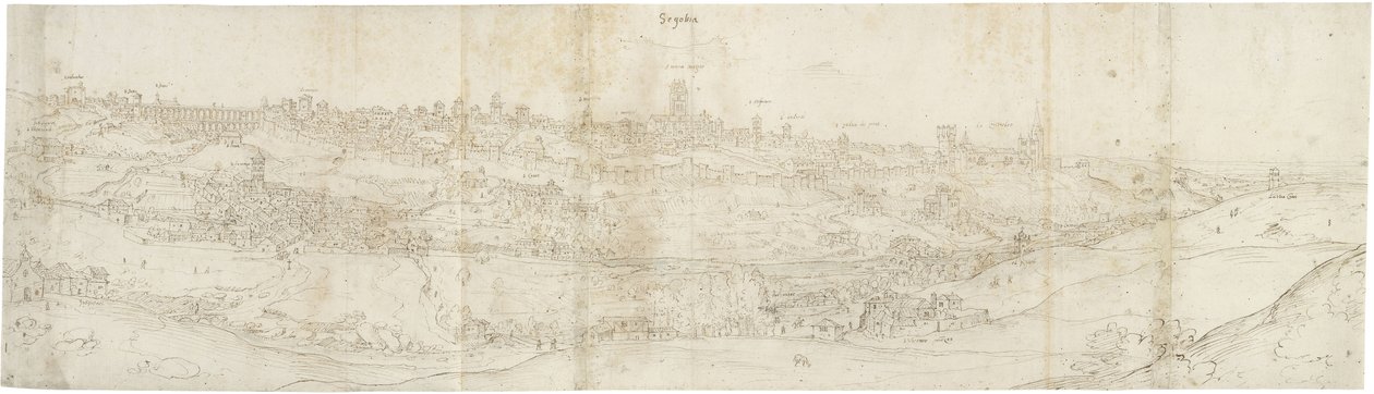 Panoramaudsigt over Segovia fra øst (pen og brun blæk med blå vask over sort kridt) af Anthonis van den Wyngaerde