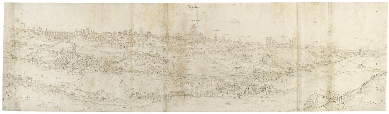 Panoramaudsigt over Segovia fra øst (pen og brunt blæk med strejf af blå vask over sort kridt) af Anthonis van den Wyngaerde
