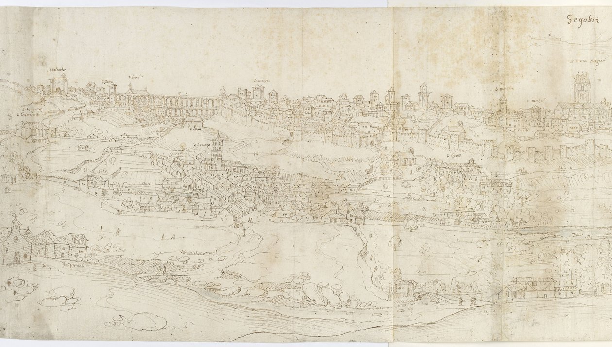 Panoramaudsigt over Segovia fra øst (pen og brun blæk med blå vask over sort kridt) af Anthonis van den Wyngaerde