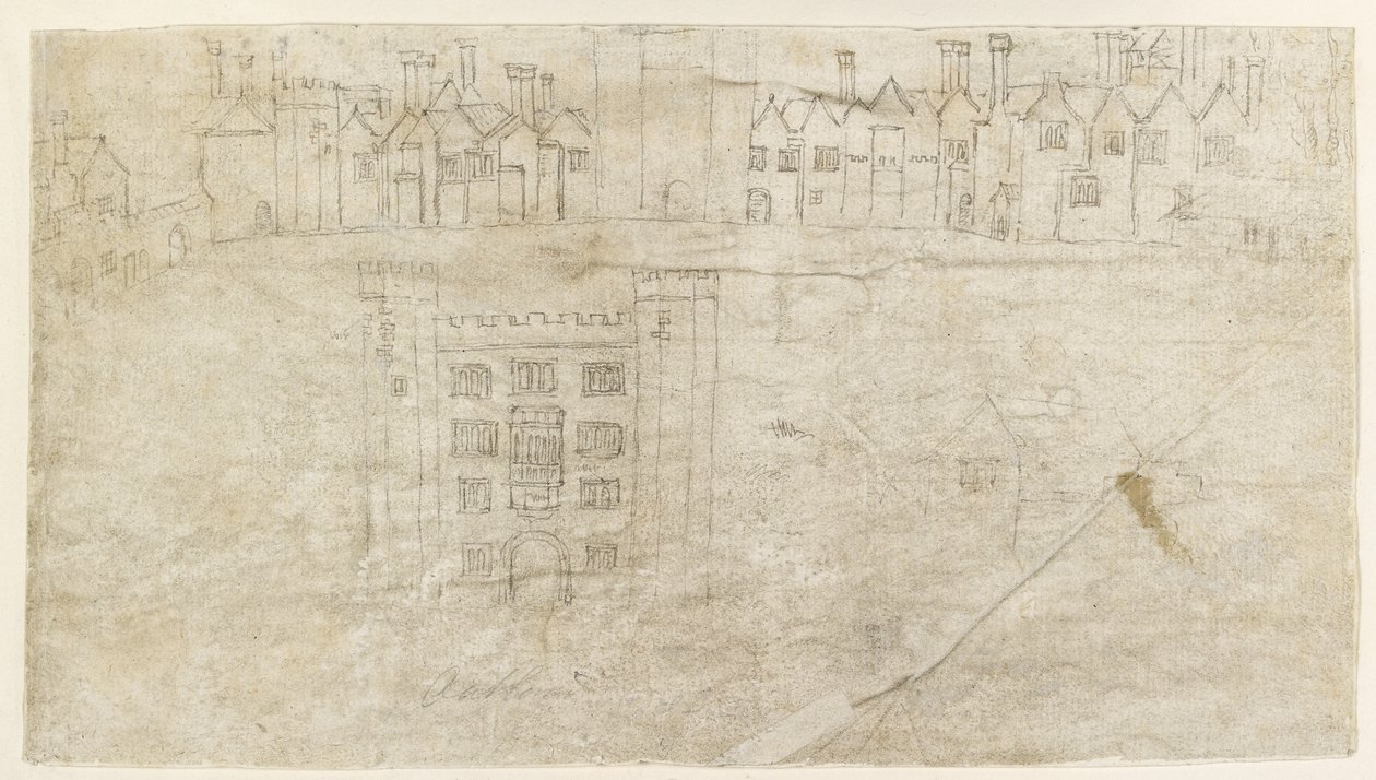Recto: Bygninger langs sydfronten af Oatlands Palace (pen og brunt blæk over svage markeringer med sort kridt) af Anthonis van den Wyngaerde