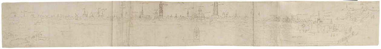 Recto: Foreløbig skitse til en udsigt over Brugge fra det sydvestlige, 1558 (pen og brunt blæk over spor af sort kridt) af Anthonis van den Wyngaerde