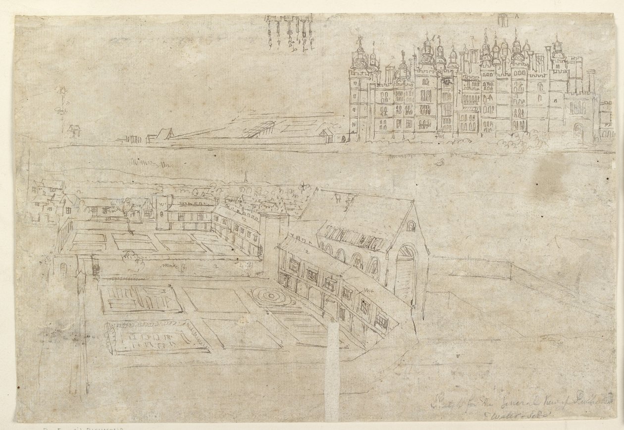 Recto: The River Front of Richmond Palace and Privy Gardens (pen og brunt blæk over svage markeringer med sort kridt) af Anthonis van den Wyngaerde