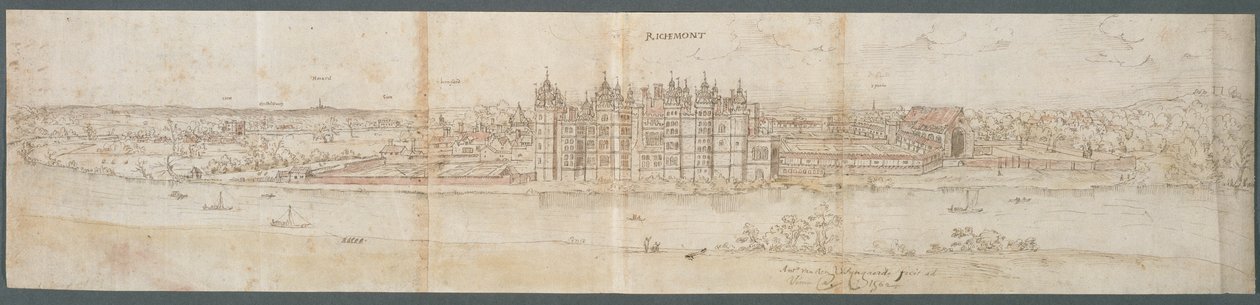 Richmond Palace fra den anden side af Themsen, 1562 (pen, blæk og wc på papir) af Anthonis van den Wyngaerde