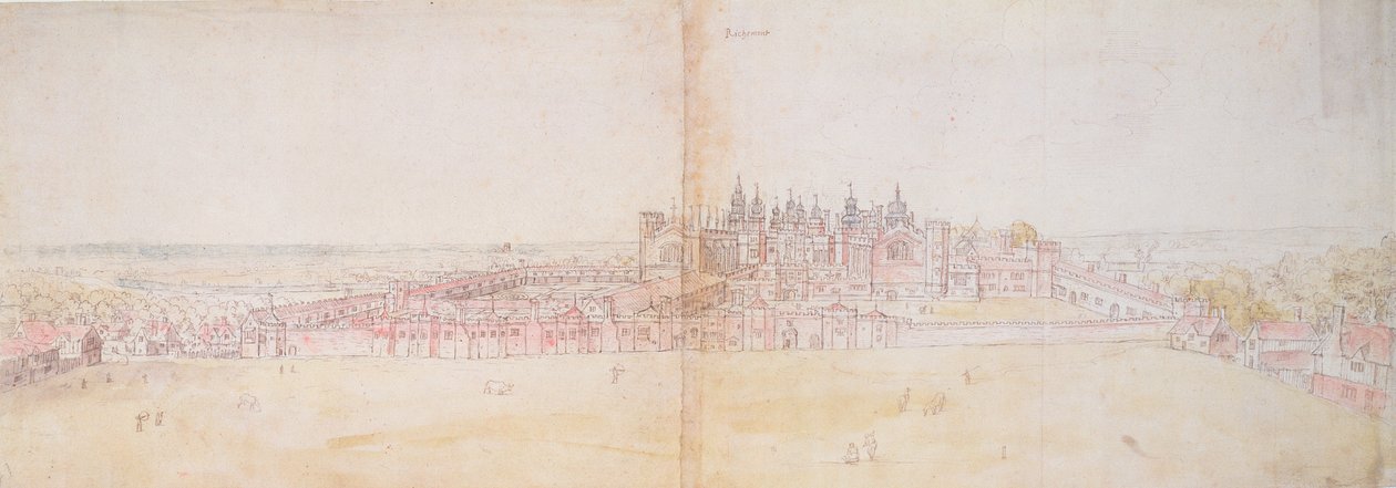 Richmond Palace fra det nordøstlige, 1500-tallet (pen og blæk og wc på papir) af Anthonis van den Wyngaerde