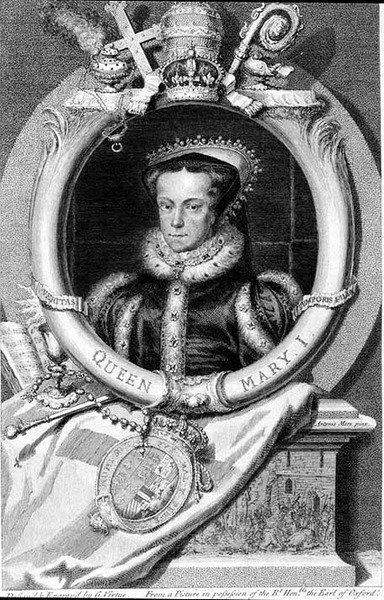 Mary I (1516-58) Dronning af England fra 1553, graveret af George Vertue (1684-1756) (gravering) af after Anthonis Mor van Dashorst