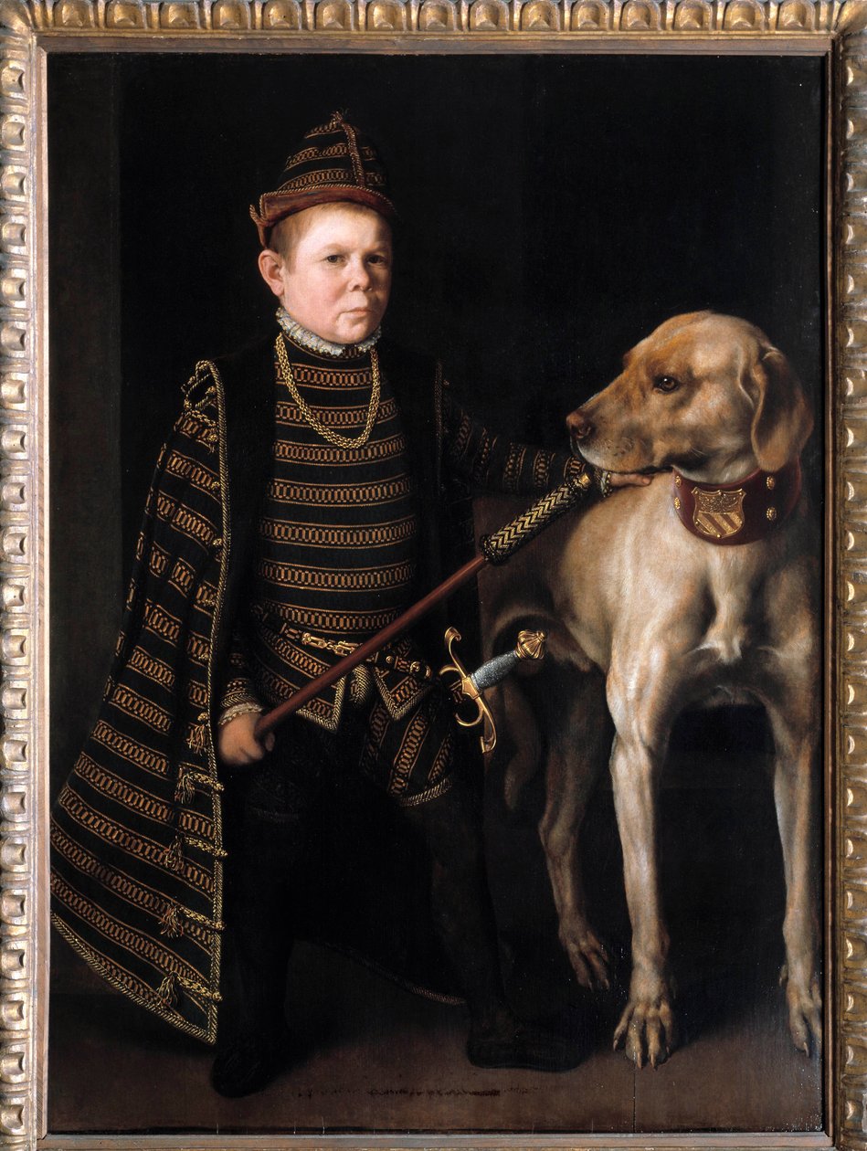 Portræt af dværgen af kardinal Granvelle, minister for Charles V. Maleri af Anthonis Moor Van Dashorst Anthonis dit Antonio Moro (1517-1575/76). 16. århundrede. Svag. 1,26x0,92 m. - Potræt af dværgen af kardinal de Granvelle, minister for Charles V. af Anthonis Mor van Dashorst