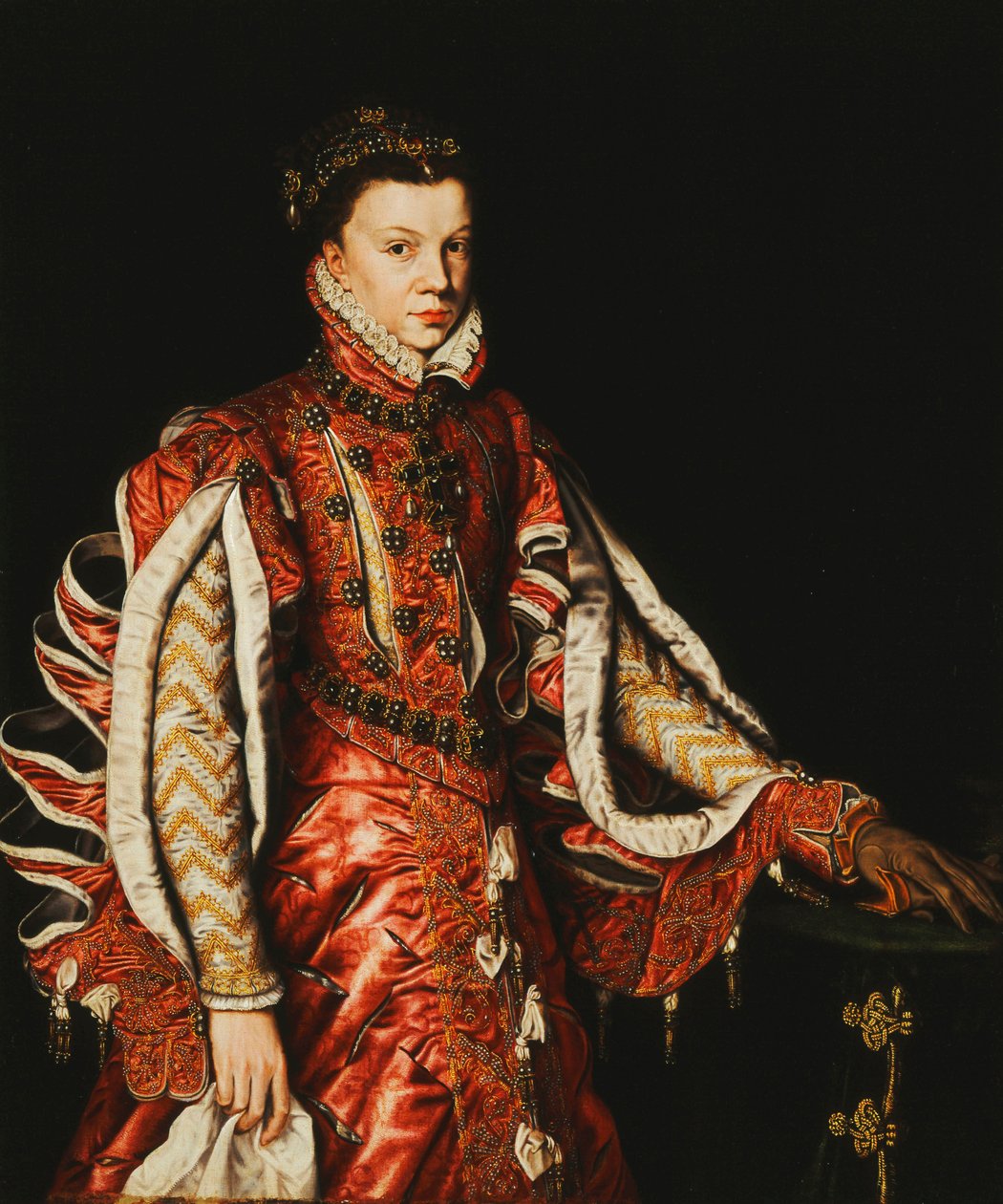 Portræt af Elizabeth af Valois, dronning af Spanien, trekvart længde, af Anthonis van Dashorst Mor