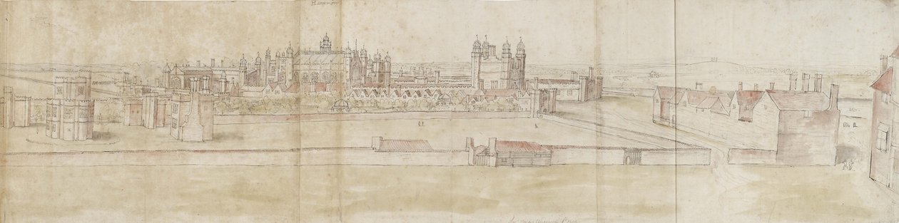Hampton Court Palace fra nord (pen og brun blæk og akvarel over svage tegn med sort kridt) af Anthonis van den Wyngaerde
