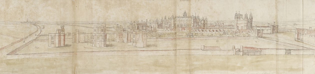 Hampton Court Palace fra nord (pen og brunt blæk og akvarel over svage angivelser med sort kridt) af Anthonis van den Wyngaerde