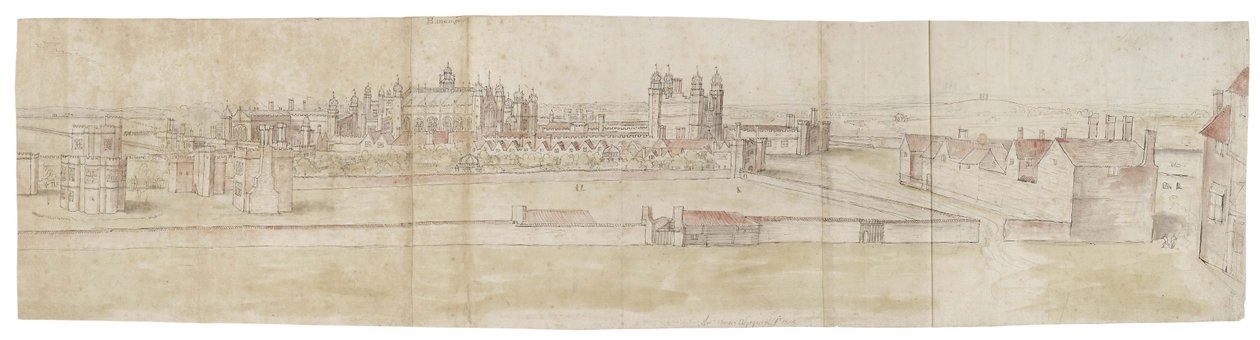 Hampton Court Palace fra nord (pen og brunt blæk og akvarel over svage angivelser med sort kridt) af Anthonis van den Wyngaerde