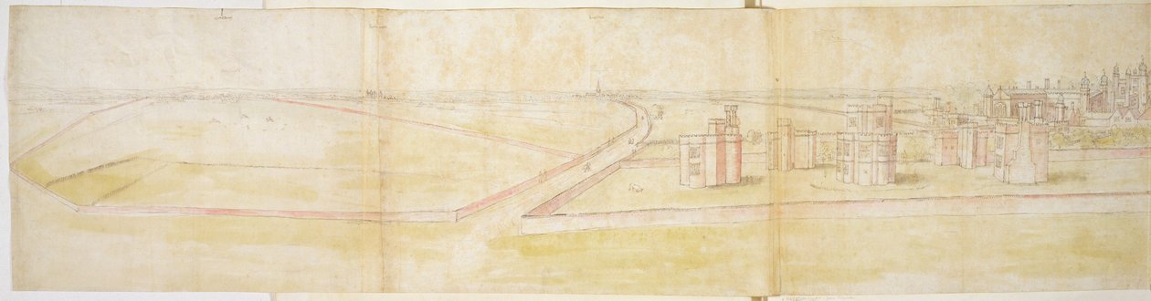 Hampton Court Palace set fra nord, ca. 1544 (pen, blæk og vand på papir) af Anthonis van den Wyngaerde
