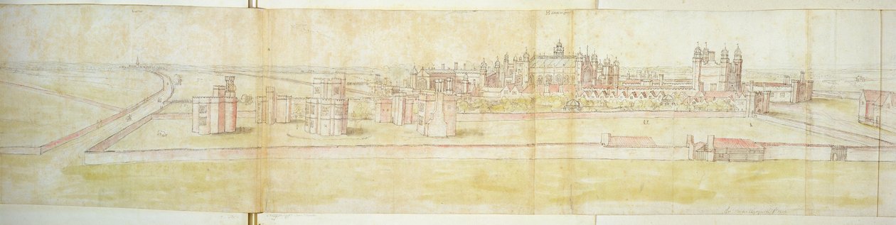 Hampton Court Palace fra nord, ca. 1544 (pen, blæk og wc på papir) af Anthonis van den Wyngaerde