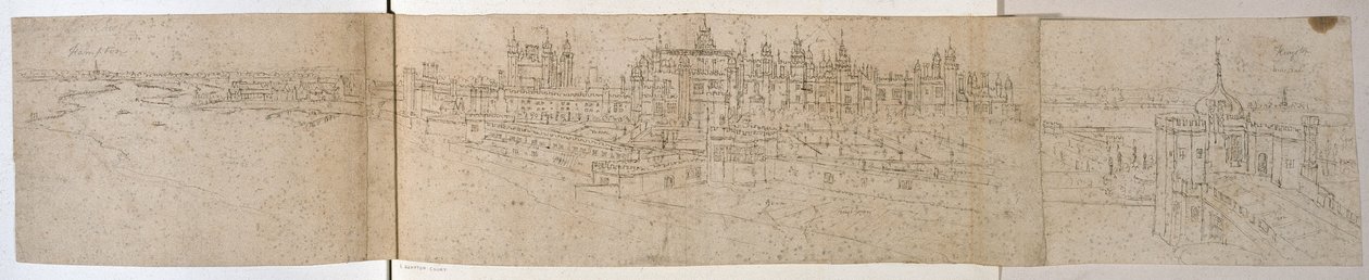 Hampton Court Palace set fra floden, ca. 1544 (pen og blæk på papir) af Anthonis van den Wyngaerde