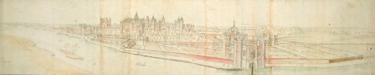 Hampton Court Palace fra floden, ca. 1544 (pen, blæk og wc på papir) af Anthonis van den Wyngaerde