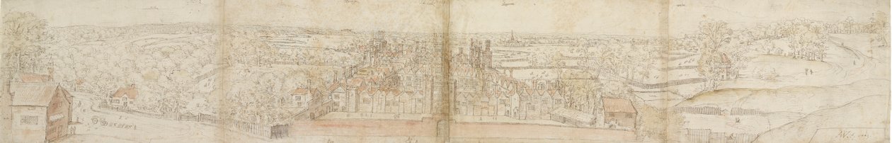 Oatlands Palace fra syd, 1559. Verso: Richmond Palace and Roofs of Oatlands, 1559 af Anthonis van den Wyngaerde