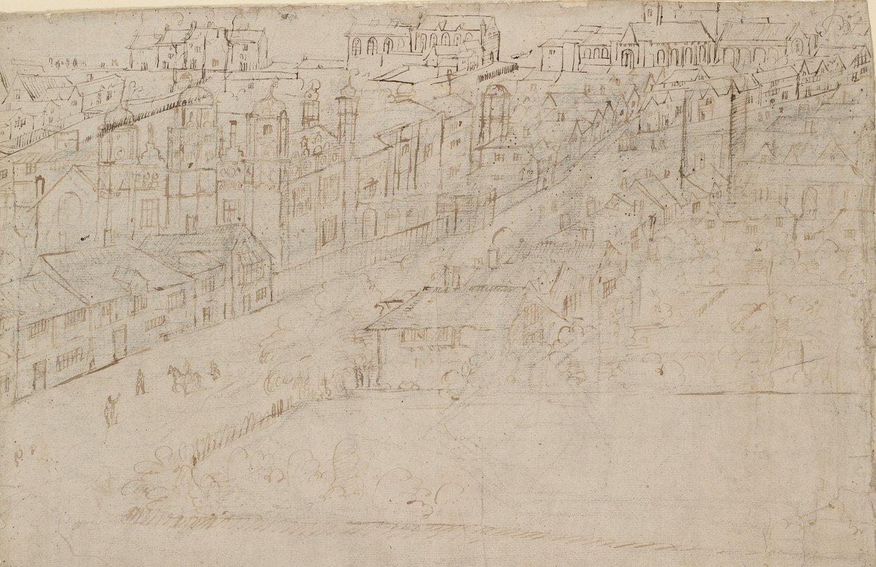 Panorama over London set fra Southwark: Borough High Street med St Mary Overy, 1554 af Anthonis van den Wyngaerde
