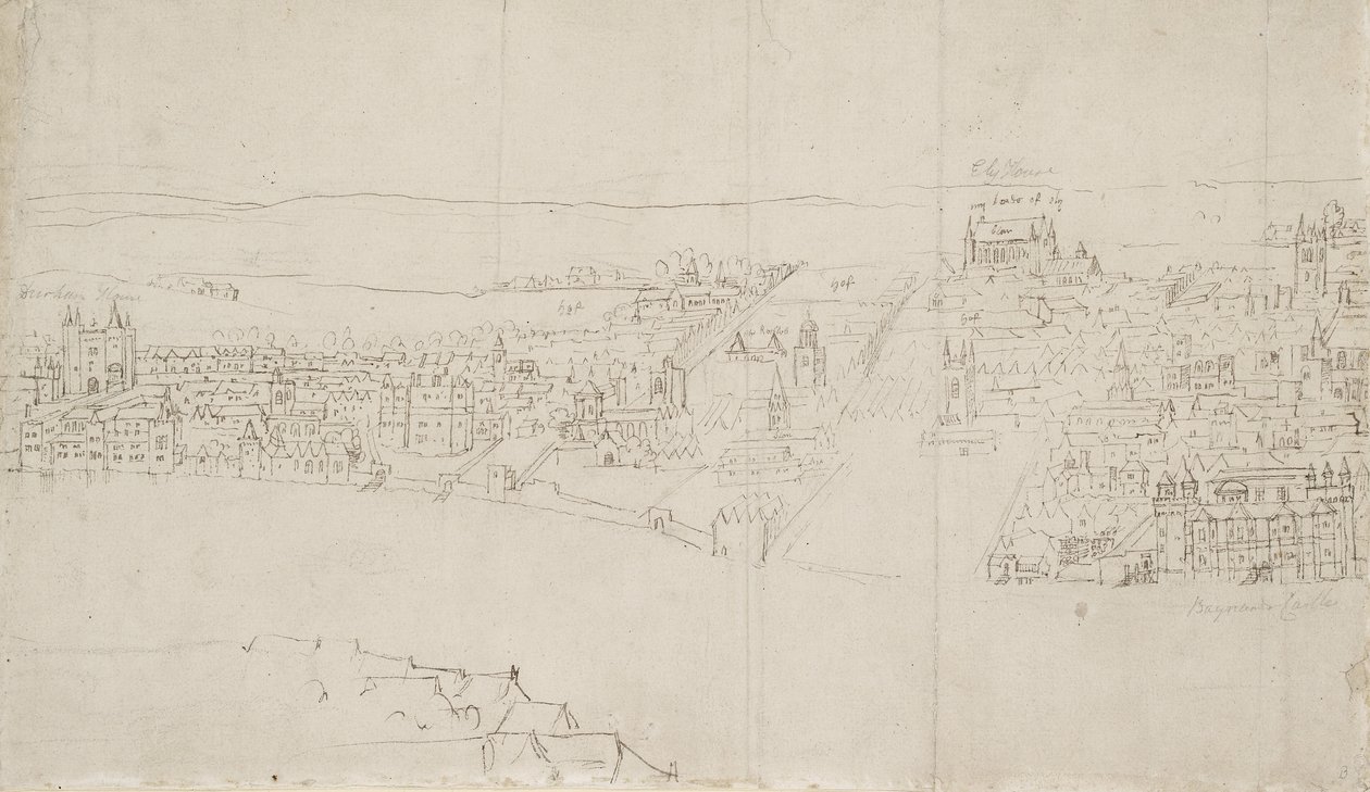 Panorama over London set fra Southwark: Durham House til Barnards Castle (pen og blæk over sort kridt på papir) af Anthonis van den Wyngaerde