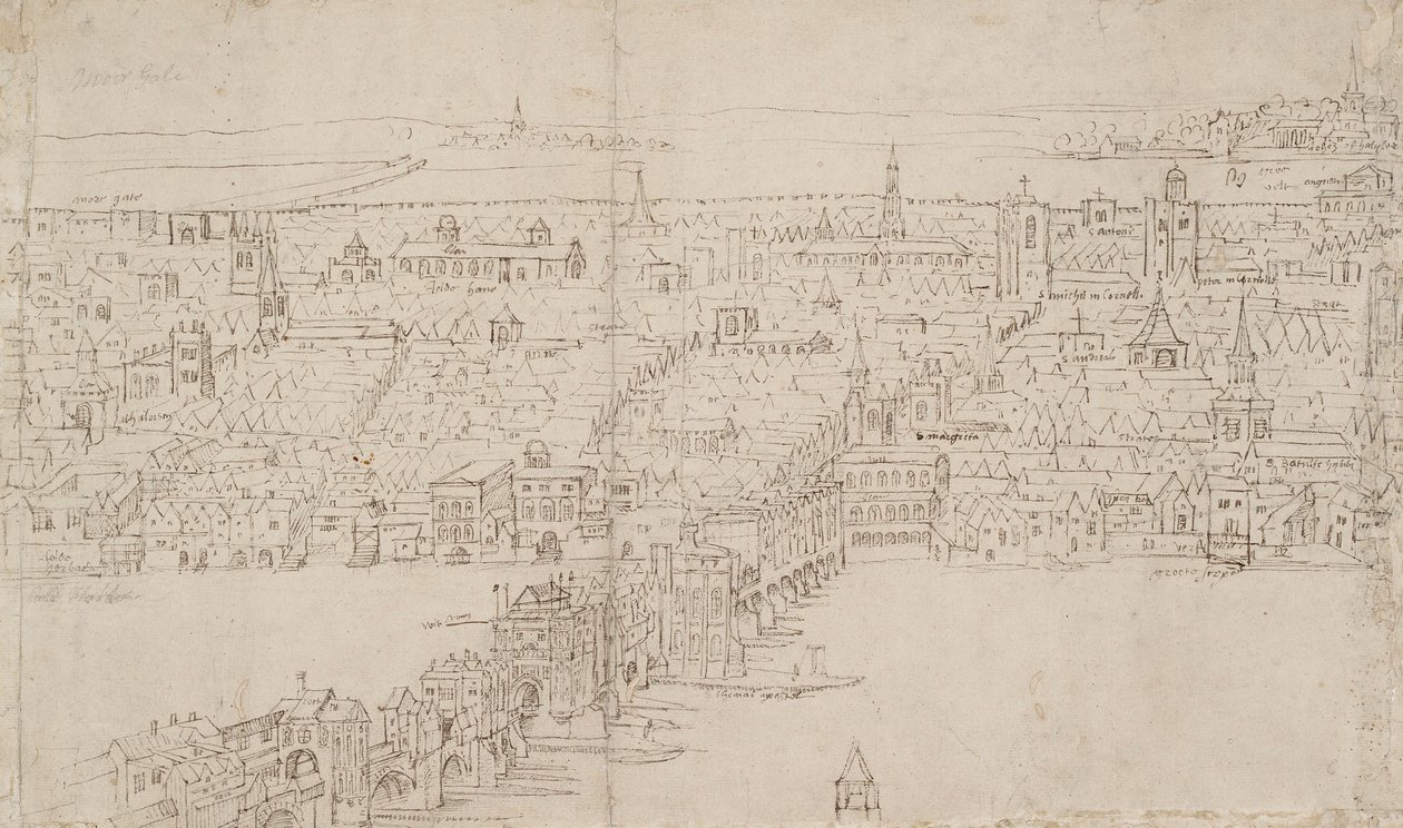 Panorama over London set fra Southwark: London Bridge, 1554 af Anthonis van den Wyngaerde