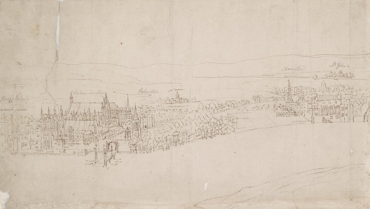 Panorama over London set fra Southwark: Westminster, 1554 af Anthonis van den Wyngaerde