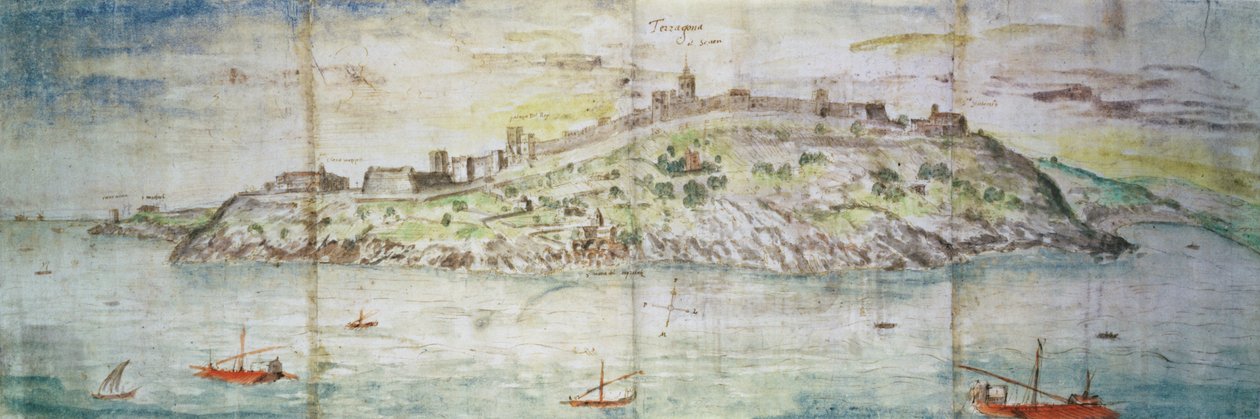 Panoramaudsigt over Tarragona, Spanien (pen og blæk og wc på papir) af Anthonis van den Wyngaerde