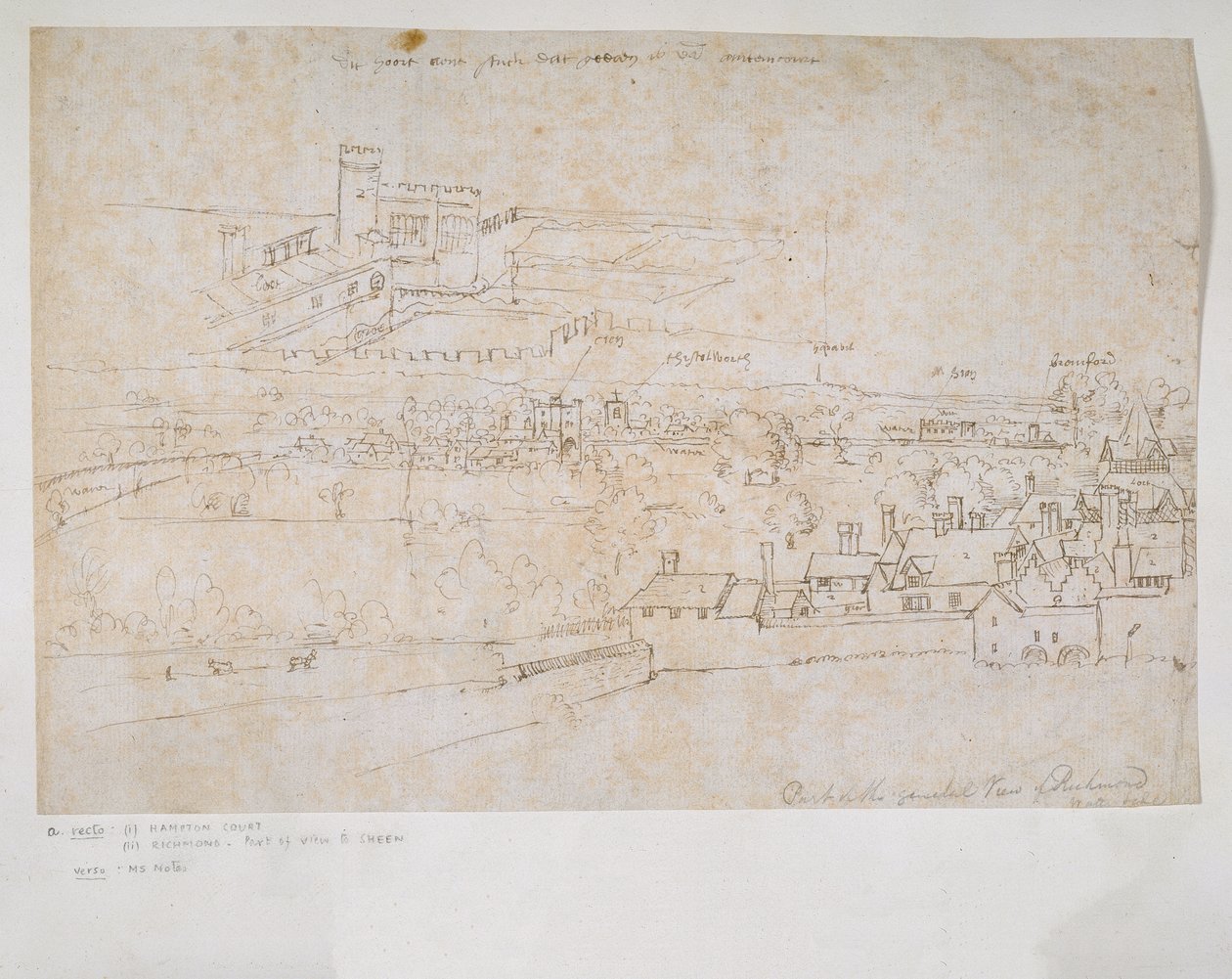 Ark med studier af paladserne i Hampton Court og Richmond og det omkringliggende landskab af Anthonis van den Wyngaerde