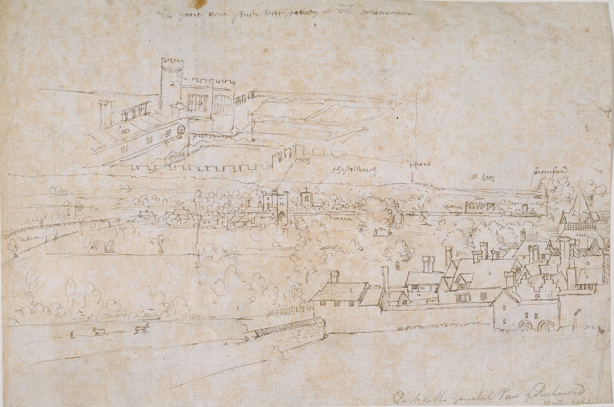 Ark med studier af Palaces of Hampton Court, Richmond og det omkringliggende landskab, c1560