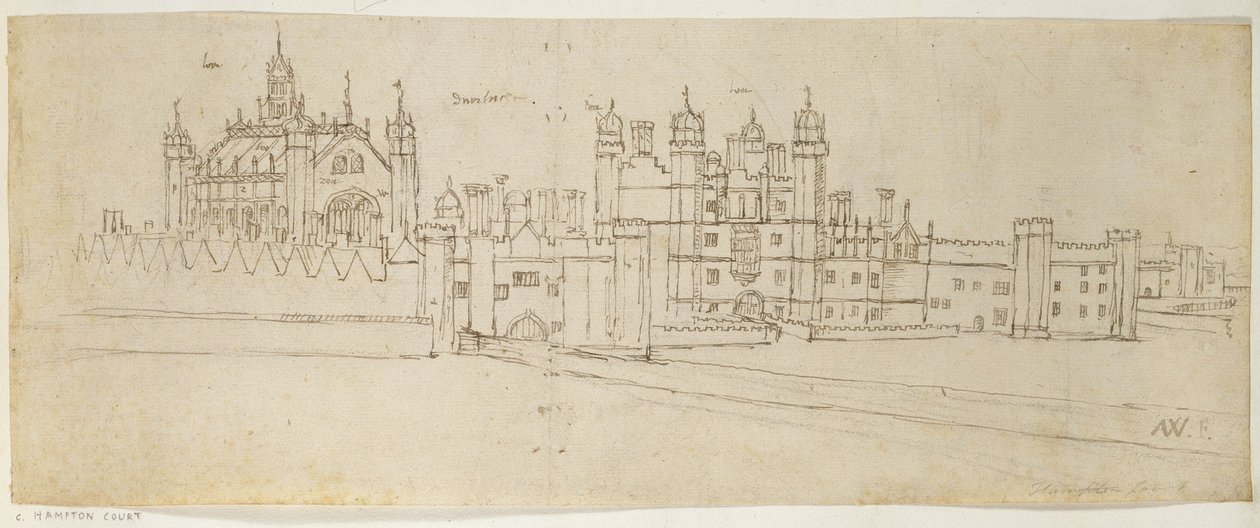 Kapellet og porthuset på Hampton Court, ca.1544 (pen og blæk på papir) af Anthonis van den Wyngaerde