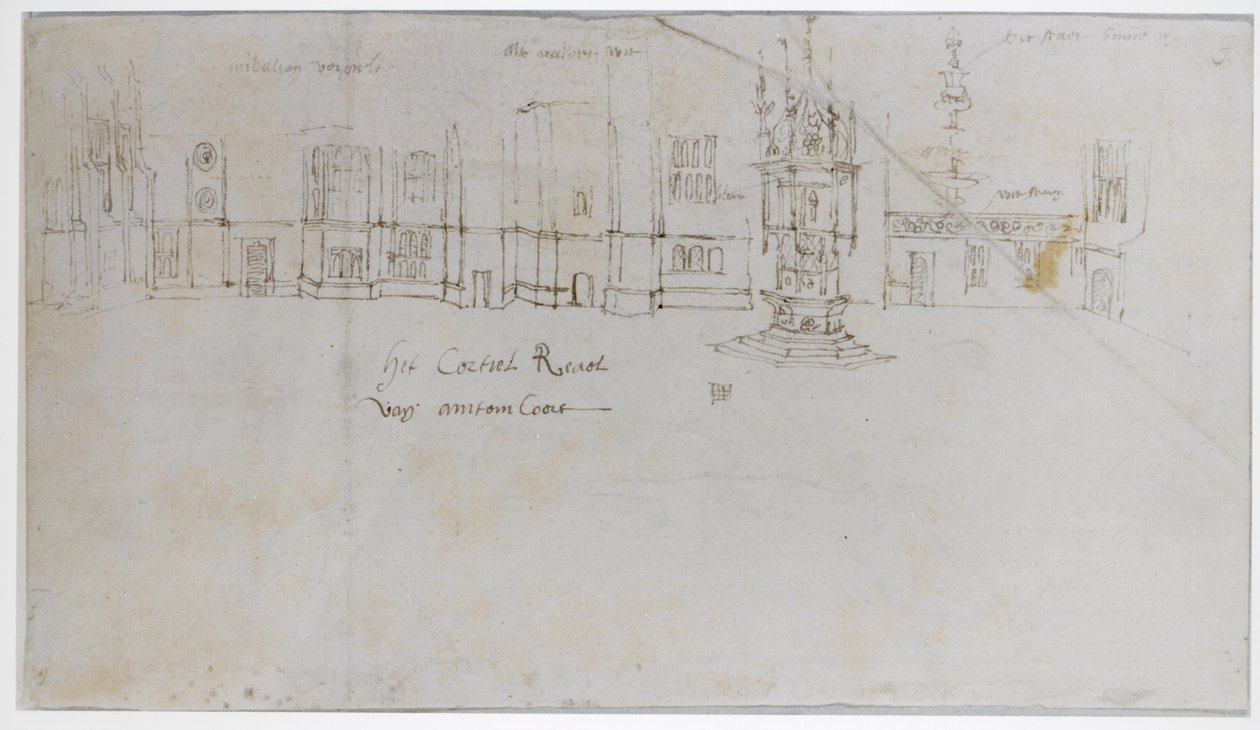 The Fountain Court, Hampton Court Palace, ca. 1544 (pen og blæk og blyant på papir) af Anthonis van den Wyngaerde