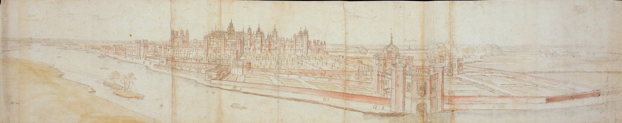 Udsigt over Hampton Court Palace fra syd, med floden i forgrunden, 1558 af Anthonis van den Wyngaerde