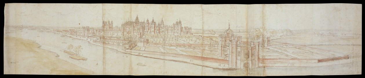 Udsigt over Hampton Court Palace fra syd, med floden i forgrunden, 1558 (pen og brunt blæk og akvareller over sort kridt) af Anthonis van den Wyngaerde