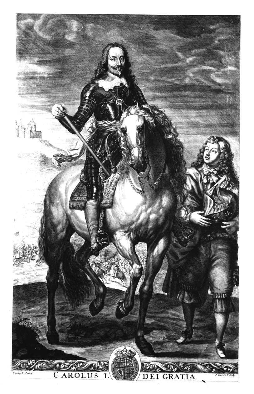 Rytterportræt af Charles I (1600-49), indgraveret af Pierre Lombart (1612-82) af Anthony van Dyck