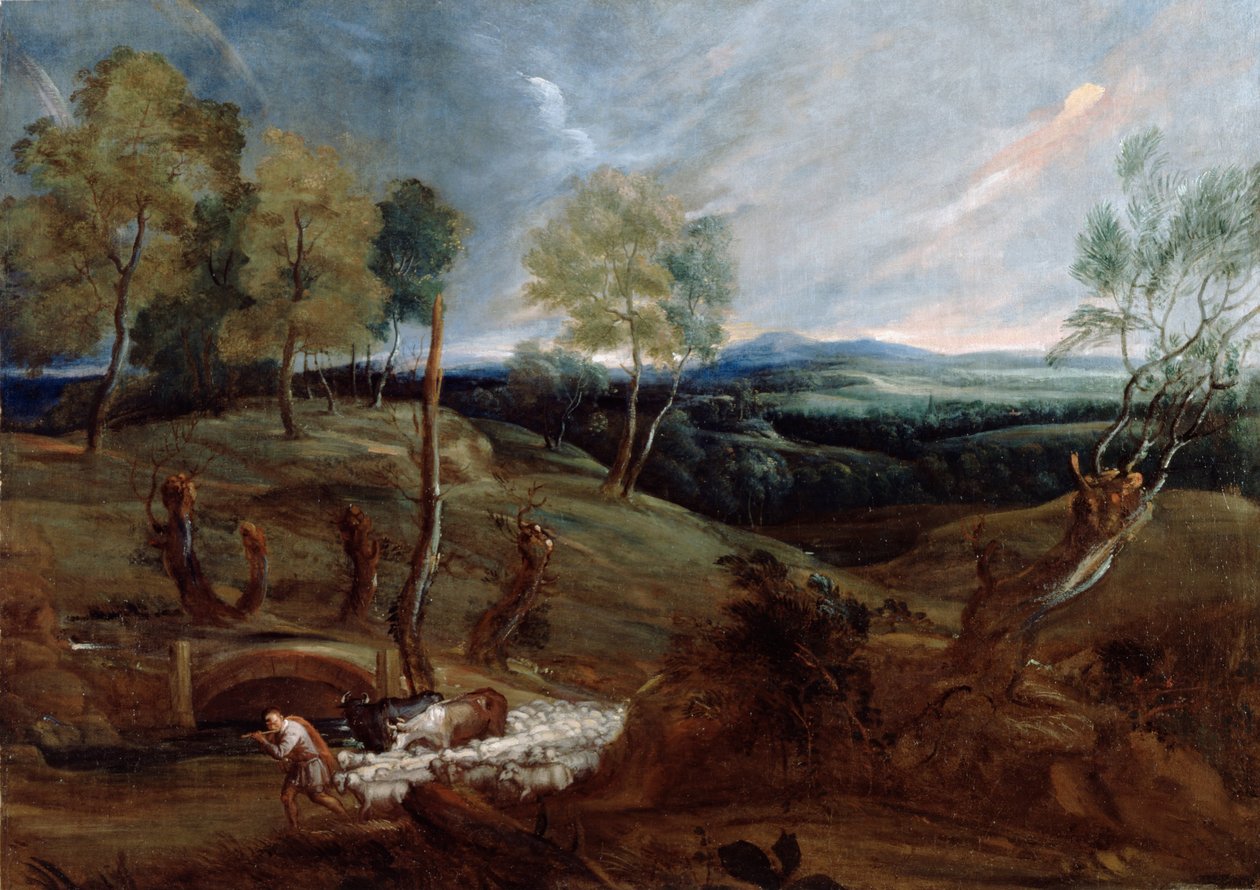Solnedgangslandskab med en hyrde og hans flok af Anthony van Dyck