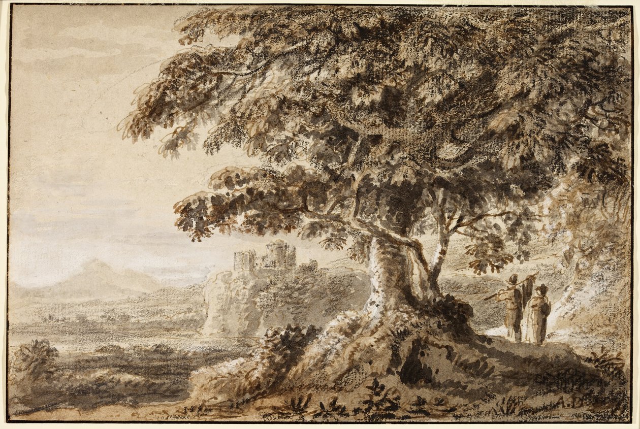 Landskab - klippeforgrund og to figurer (blæk på papir) af Anthony Devis