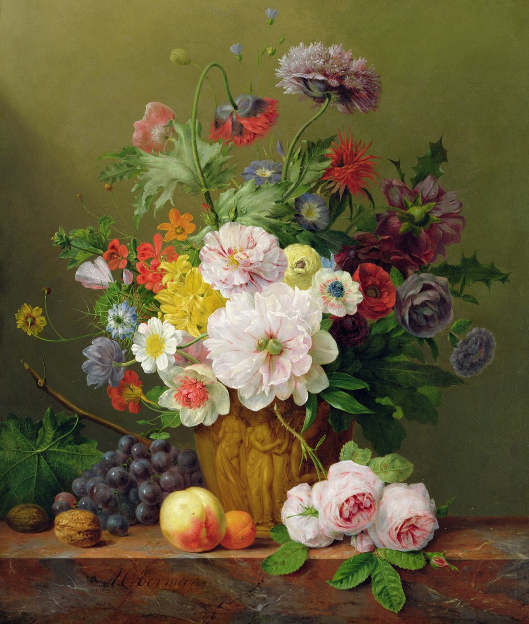 Stilleben med blomster og frugt af Anthony Obermann