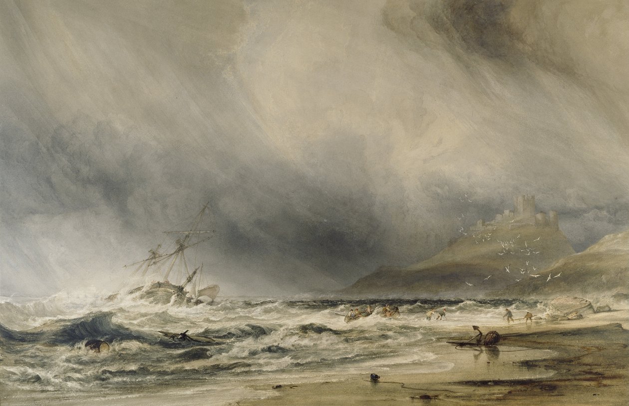 Bambourough Castle, 1852 (akvarel med hvid farve) af Anthony Vandyke Copley Fielding