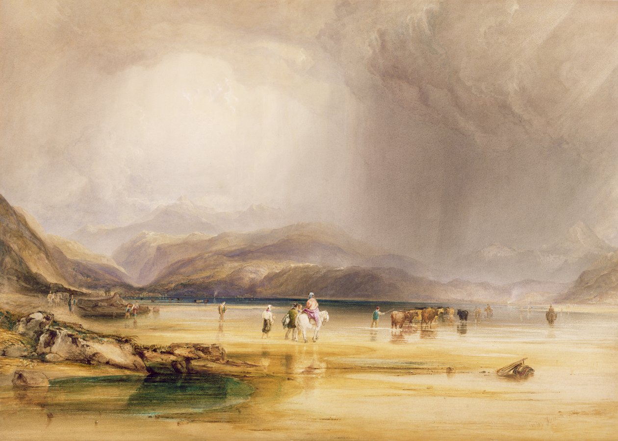 Udsigt fra Snowdon fra Sands of Traeth Mawe, taget ved Ford mellem Pont Aberglaslyn og Tremadoc, 1834 (wc und gouache over grafit på papir) af Anthony Vandyke Copley Fielding