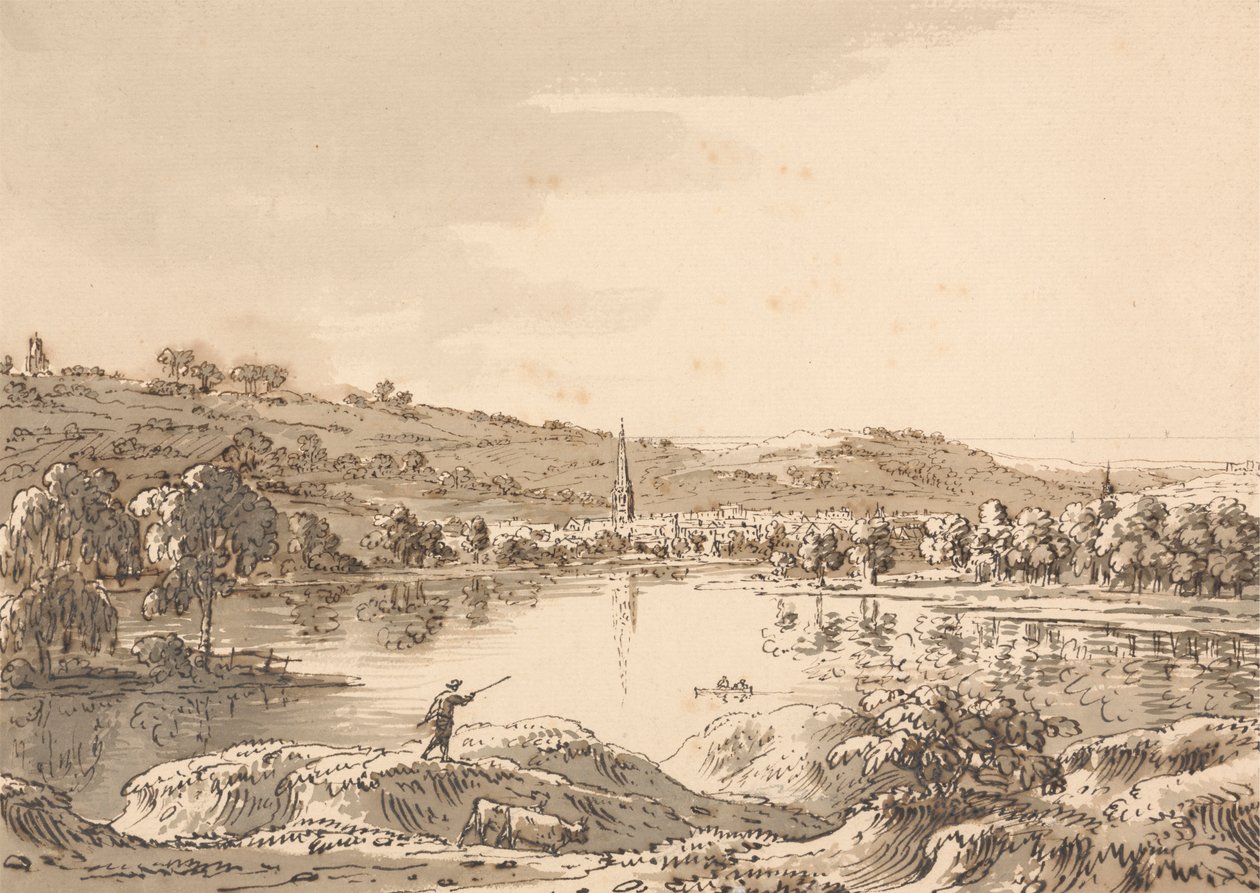 Landsby set fra den anden side af en sø af Anthony Devis