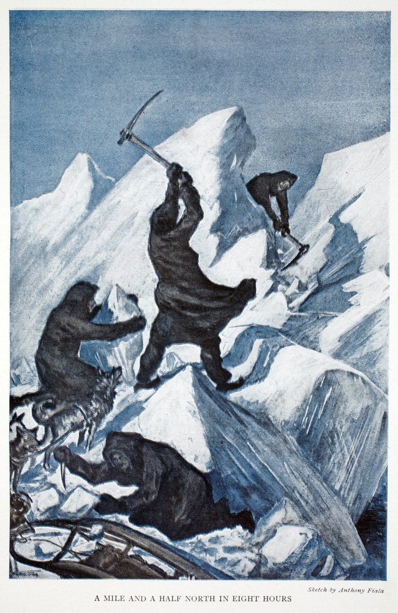 A Mile and a Half North in Eight Hours, pub. London 1907 (farve litho) af Anthony Fiala