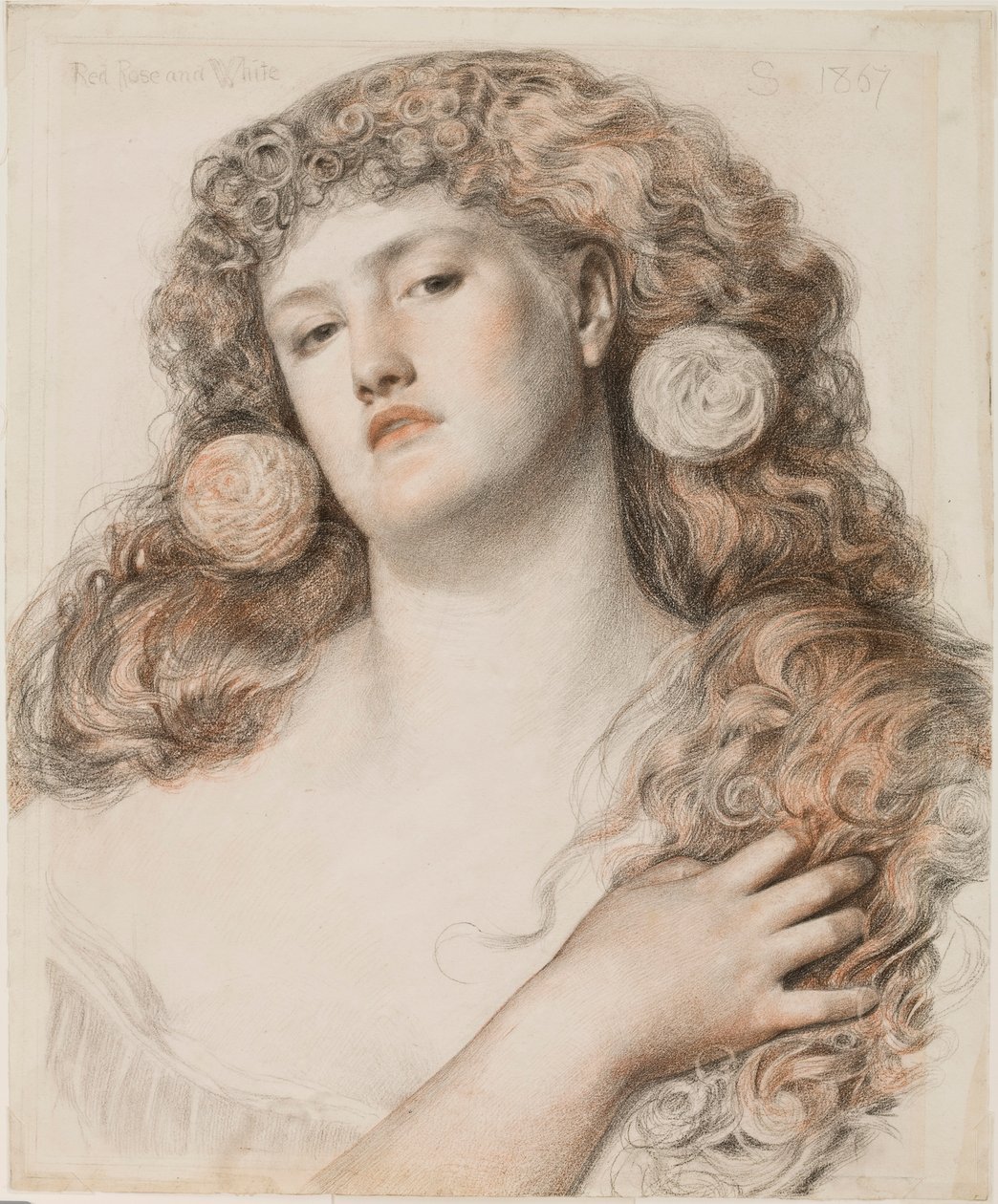 Rød rose og hvid, 1867 (kridt på papir) af Anthony Frederick Augustus Sandys