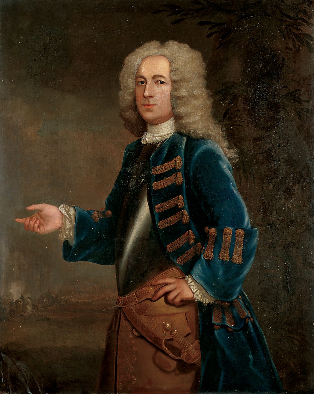 Portræt af Henry Boyle, Captain of Horses, i et landskab, med et slag hinsides, 1730 af Anthony Lee