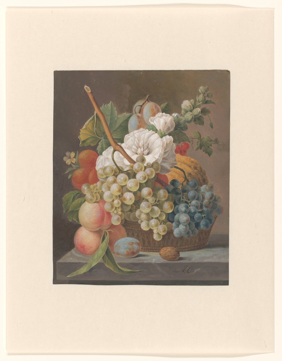 Stilleben med blomster og frugt i en kurv af Anthony Oberman