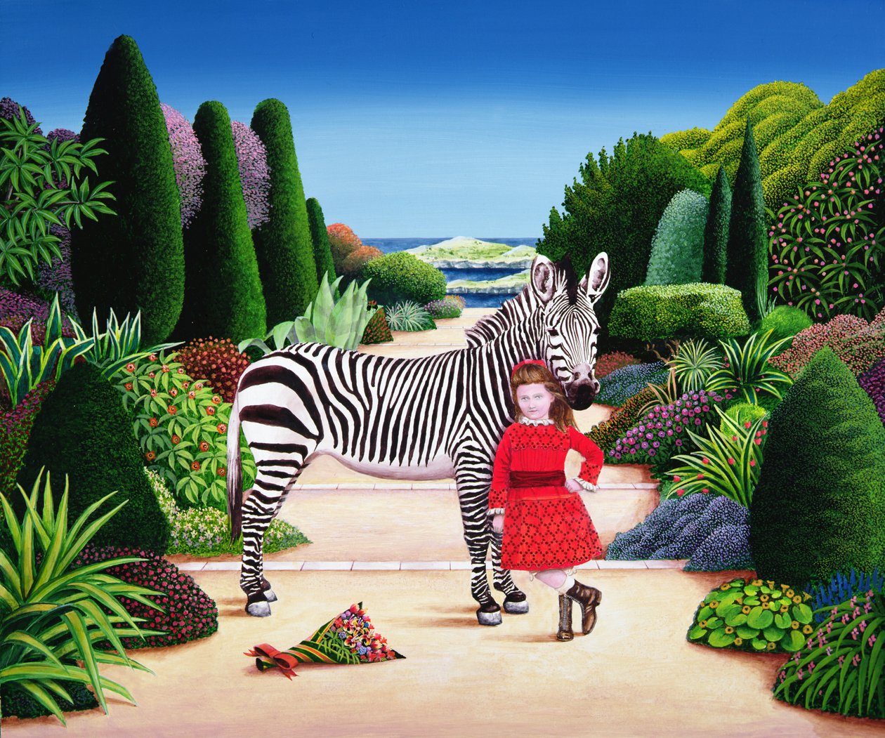 Pige med zebra, 1984 (akryl om bord) af Anthony Southcombe