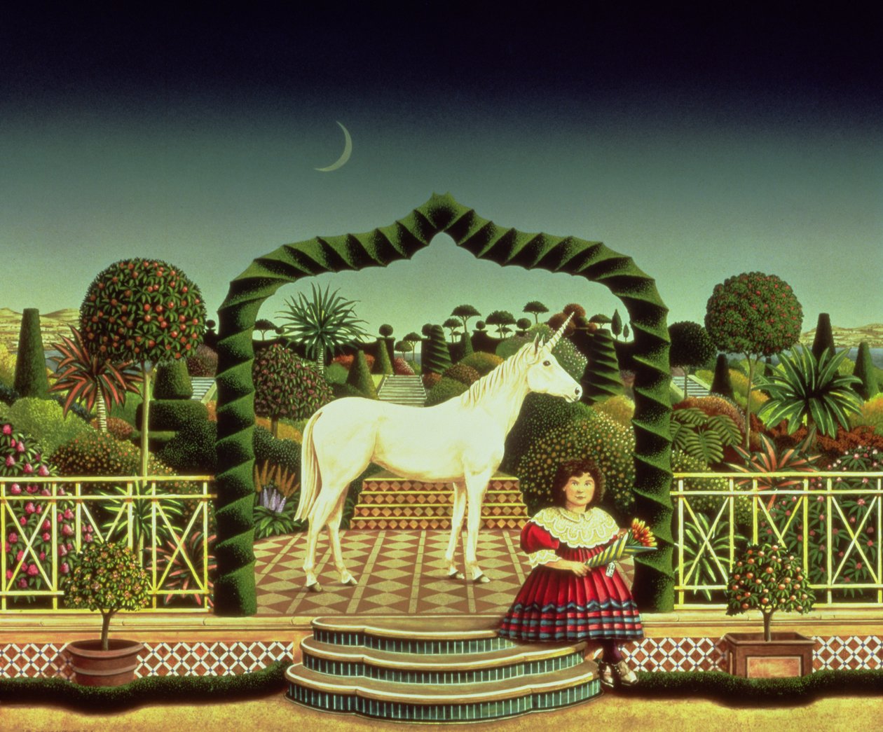 Girl with a Unicorn, 1980 (akryl om bord) af Anthony Southcombe