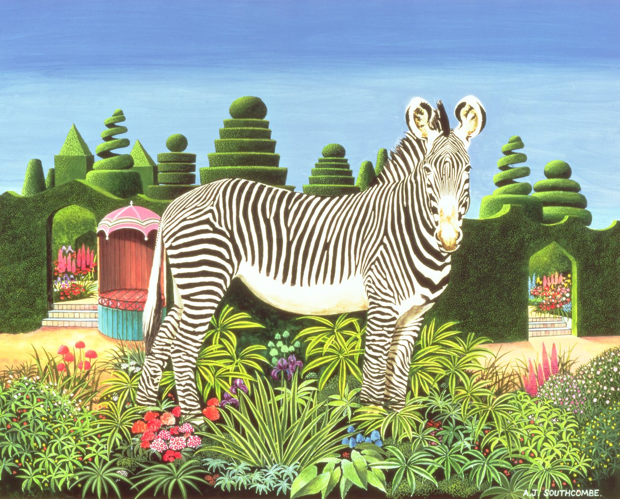 Zebra in a Garden, 1977 (akryl om bord) af Anthony Southcombe