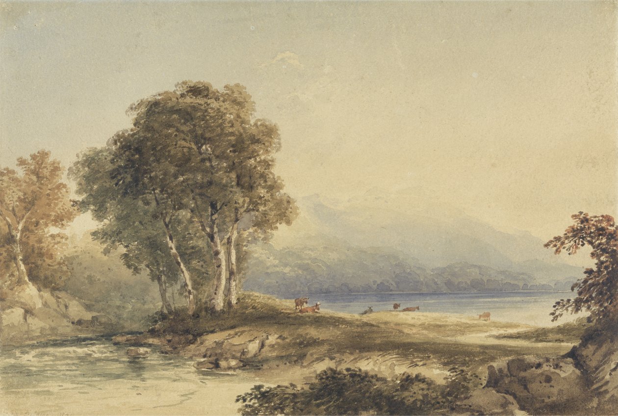 Bjerglandskab med sø og vandløb (wc over grafit på vævet papir) af Anthony Vandyke Copley Fielding