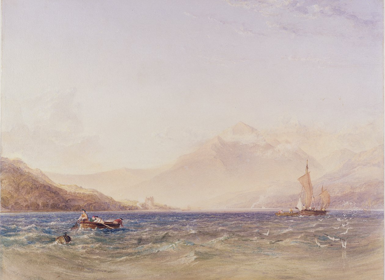 The Head of Loch Fyne, med Dindarra Castle, 1850 (wc, kropsfarve over grafit på papir) af Anthony Vandyke Copley Fielding