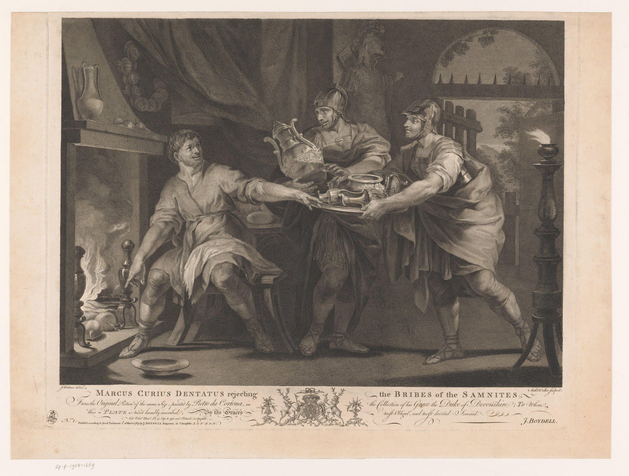 Manius Curius Dentatus afslår samniternes gaver Marcus Curius Dentatus afviser samniternes bestikkelse (titel på objekt) Malerier fra det syttende århundrede fra Devonshire-samlingen (serietitel) af Anthony Walker