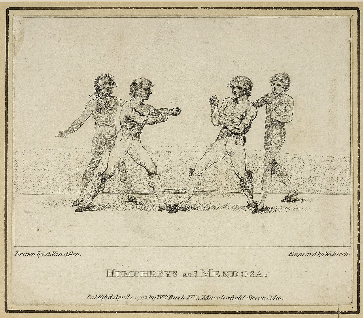 Humphreys og Mendoza, graveret af William Birch, udgivet i 1792 (litho) af Anthony van (after) Assen
